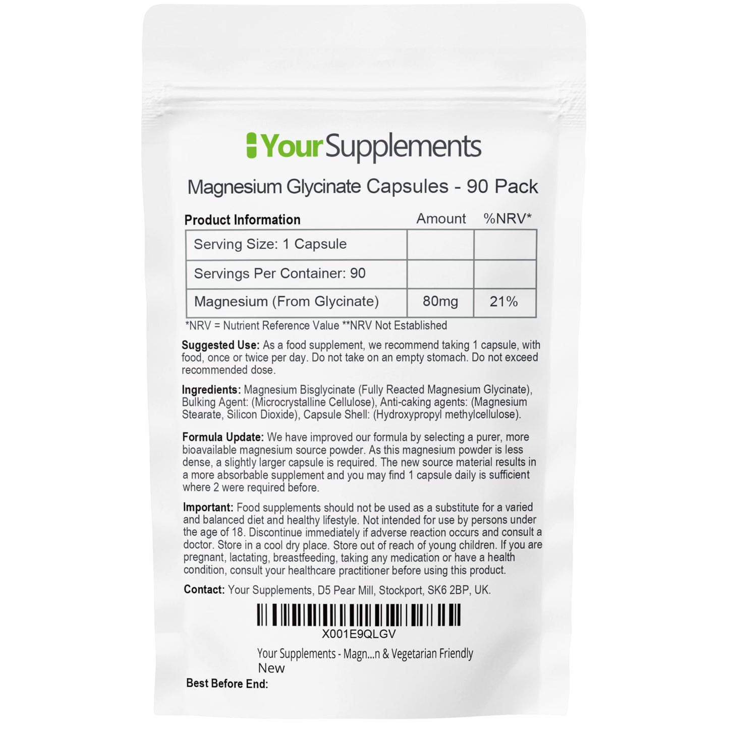 YourSupplements Magnesium Glycinate by Your Supplements | UK Made | True Unblended Bisglycinate | 90 High Absorption Capsules | Suitable for Vegetarians & Vegans