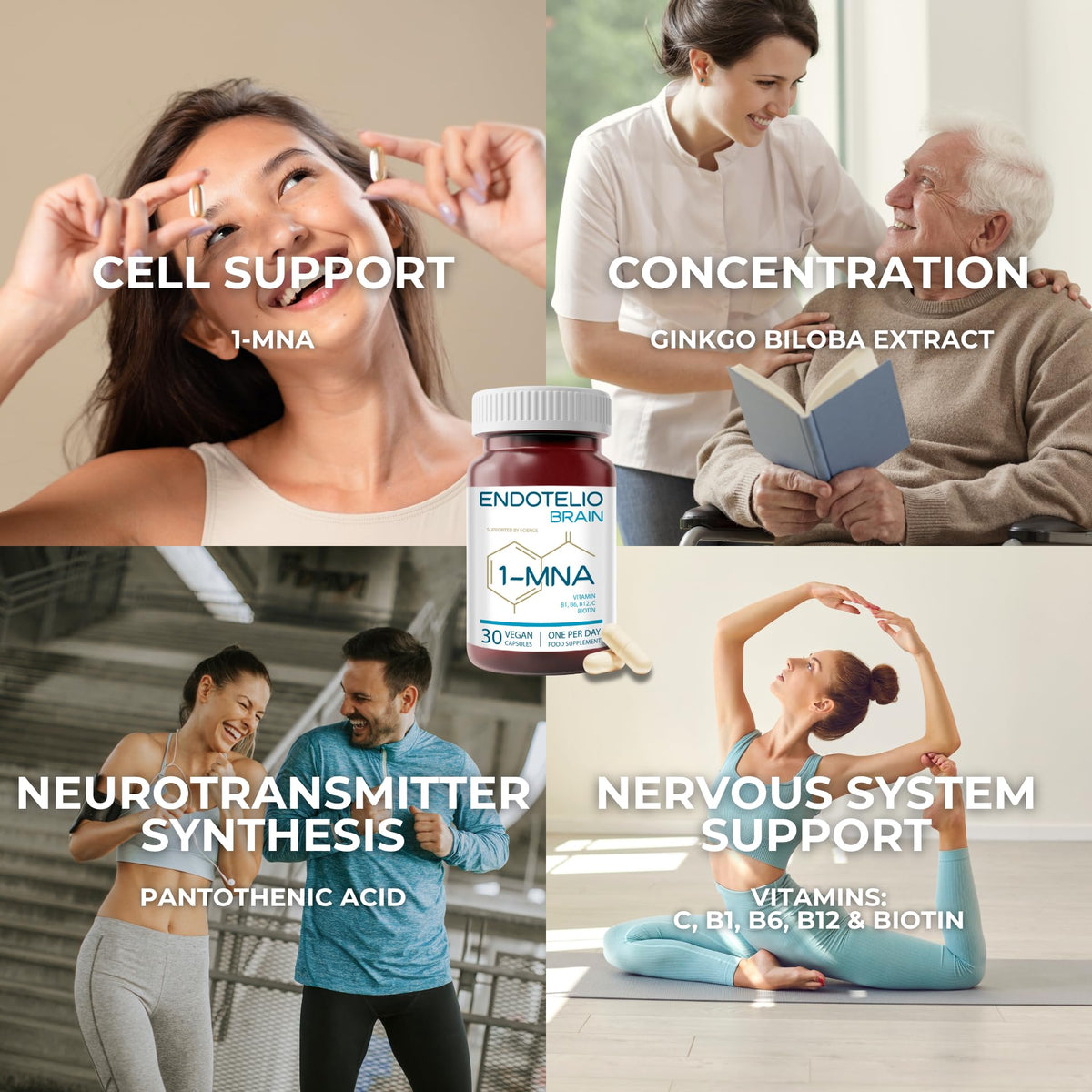 ENDOTELIO Endotelio 1-MNA Brain, Nootropic NAD Supplement with Ginkgo Biloba, Zinc & Biotin, NMN Alternative, Memory, Focus & Cognitive Function, Anti Ageing Brain Support, 30 Capsules
