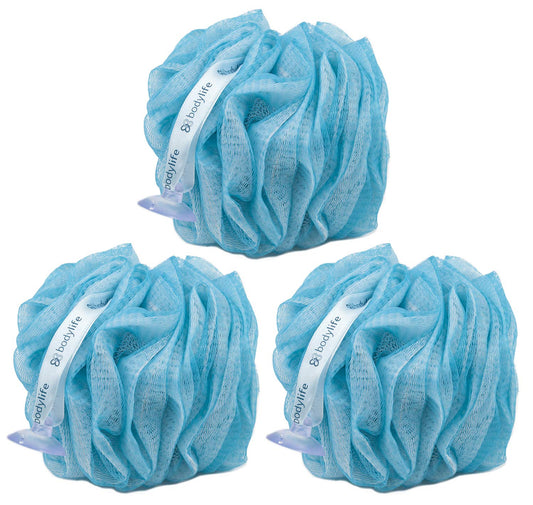 Bodylife Body Buffer, Puff, Exfoliating Bath & Shower Body Pouf, Scrunchie, Body Scrubber Blue & White 55g Triple Pack