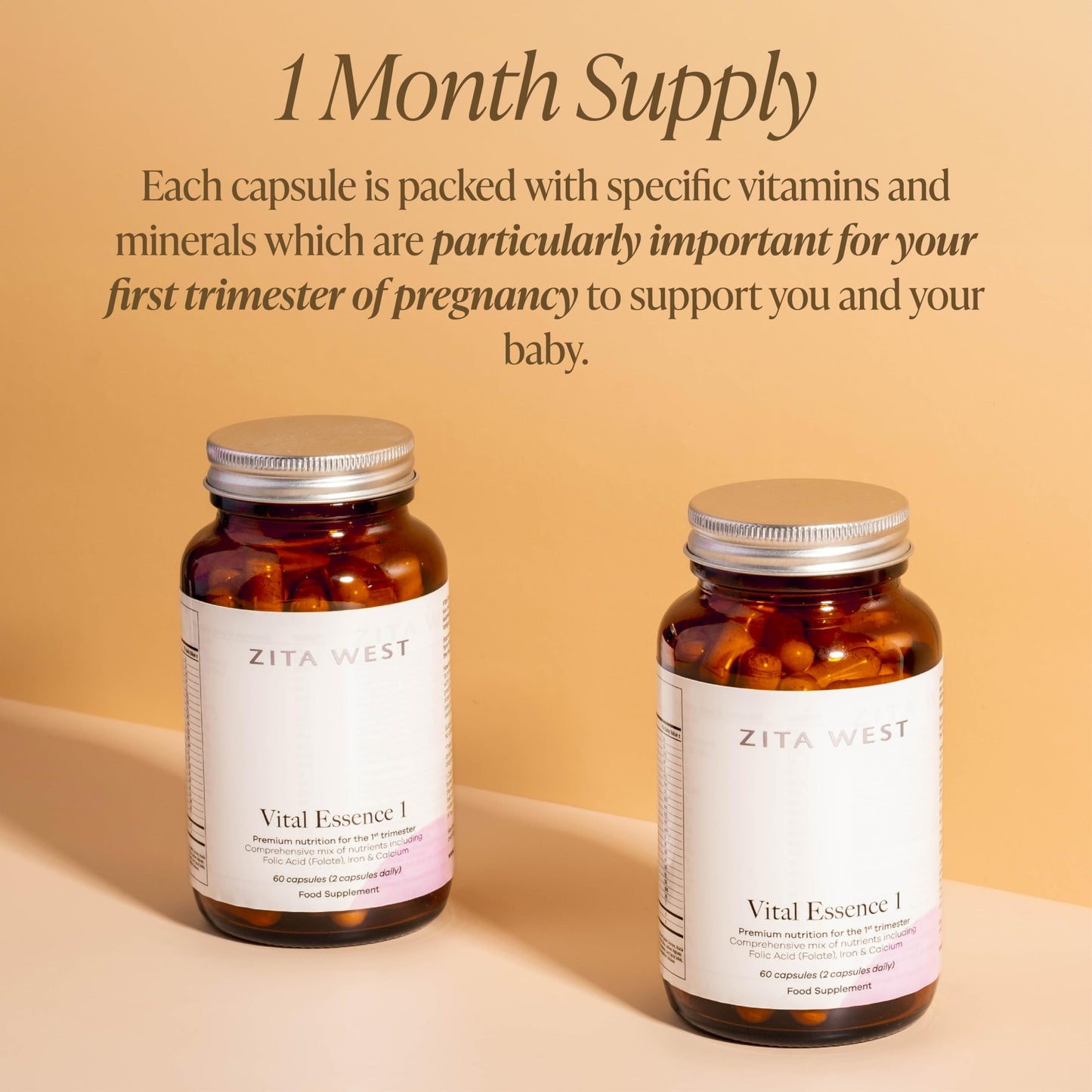 Zita West Vital Essence 1 - Premium First Trimester Pregnancy Vitamin & Mineral Support, Essential for Early Pregnancy - 60 Capsules (1 Month Supply)