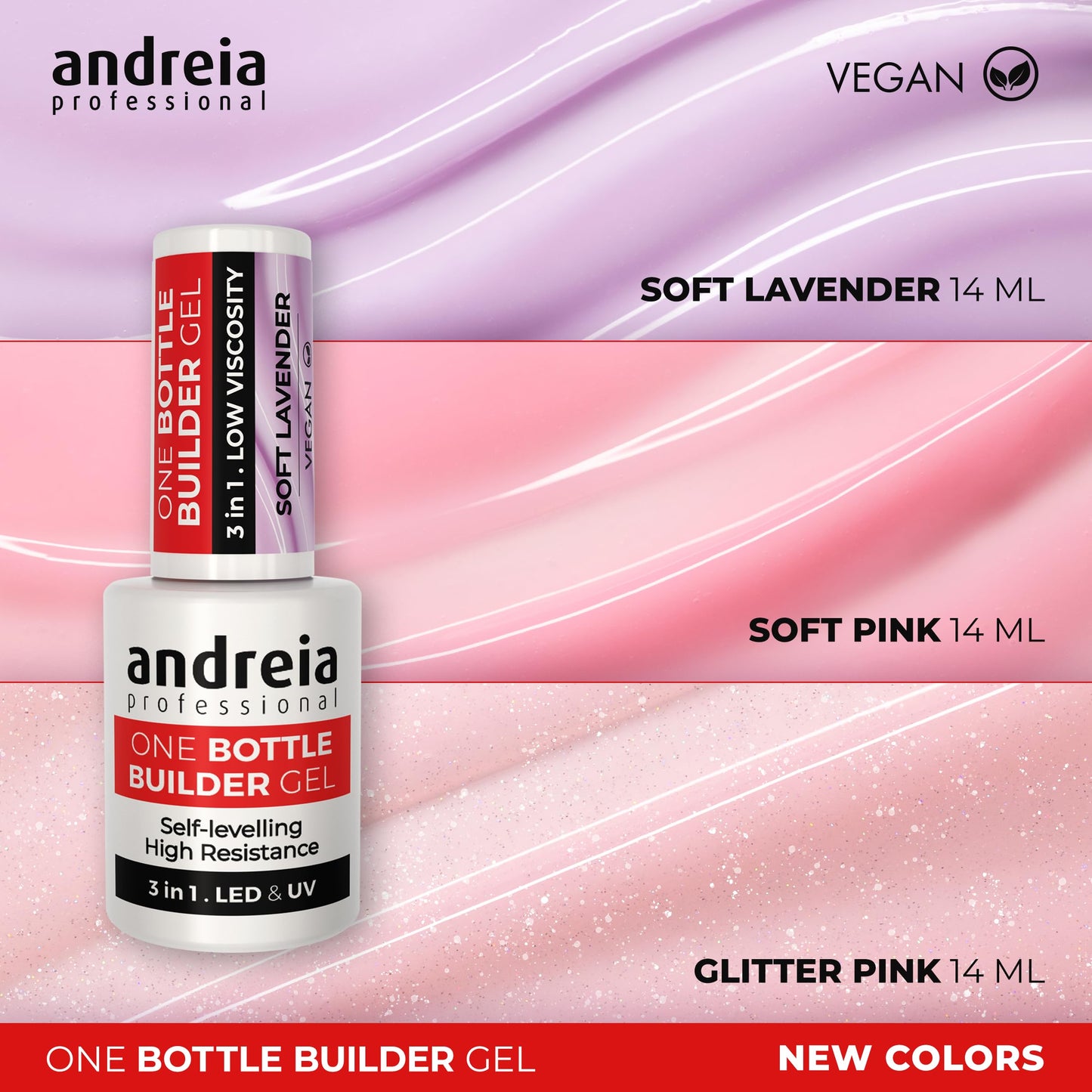 Andreia Professional Gel Builder Nail Construction - Triphasic 3 in 1 Low Viscosity - LED & UV Builder Gel in a Bottle - Nail Extension - Self Levelling High Resistance - Colour Glitter Pink 14ml