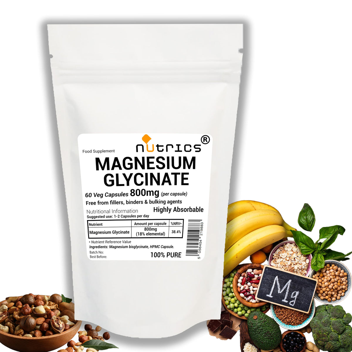 Nutrics® 800mg (per Capsule) Magnesium GLYCINATE 60 V Capsules - Strong One A Day - 100% Pure Highly Absorbable - Free from fillers, Binders & Bulking agens (60)