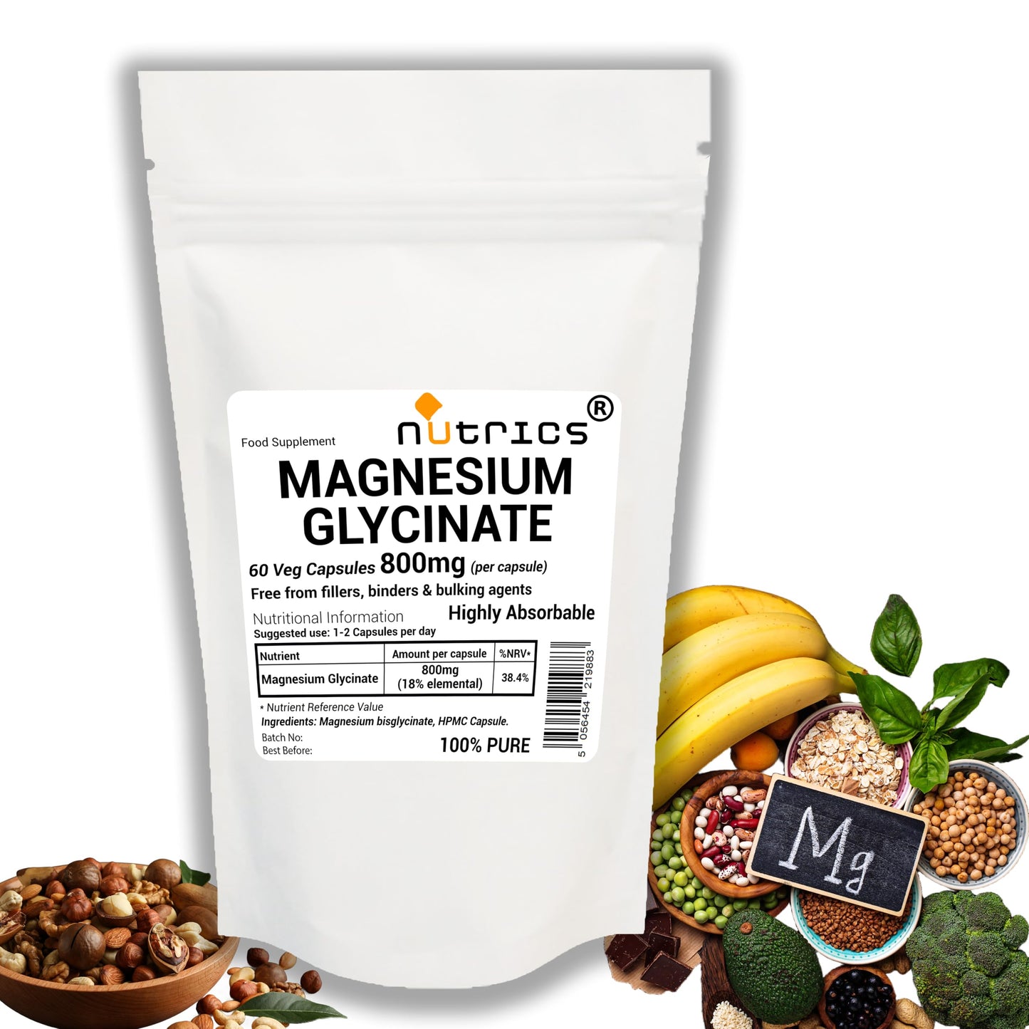 Nutrics® 800mg (per Capsule) Magnesium GLYCINATE 60 V Capsules - Strong One A Day - 100% Pure Highly Absorbable - Free from fillers, Binders & Bulking agens (60)