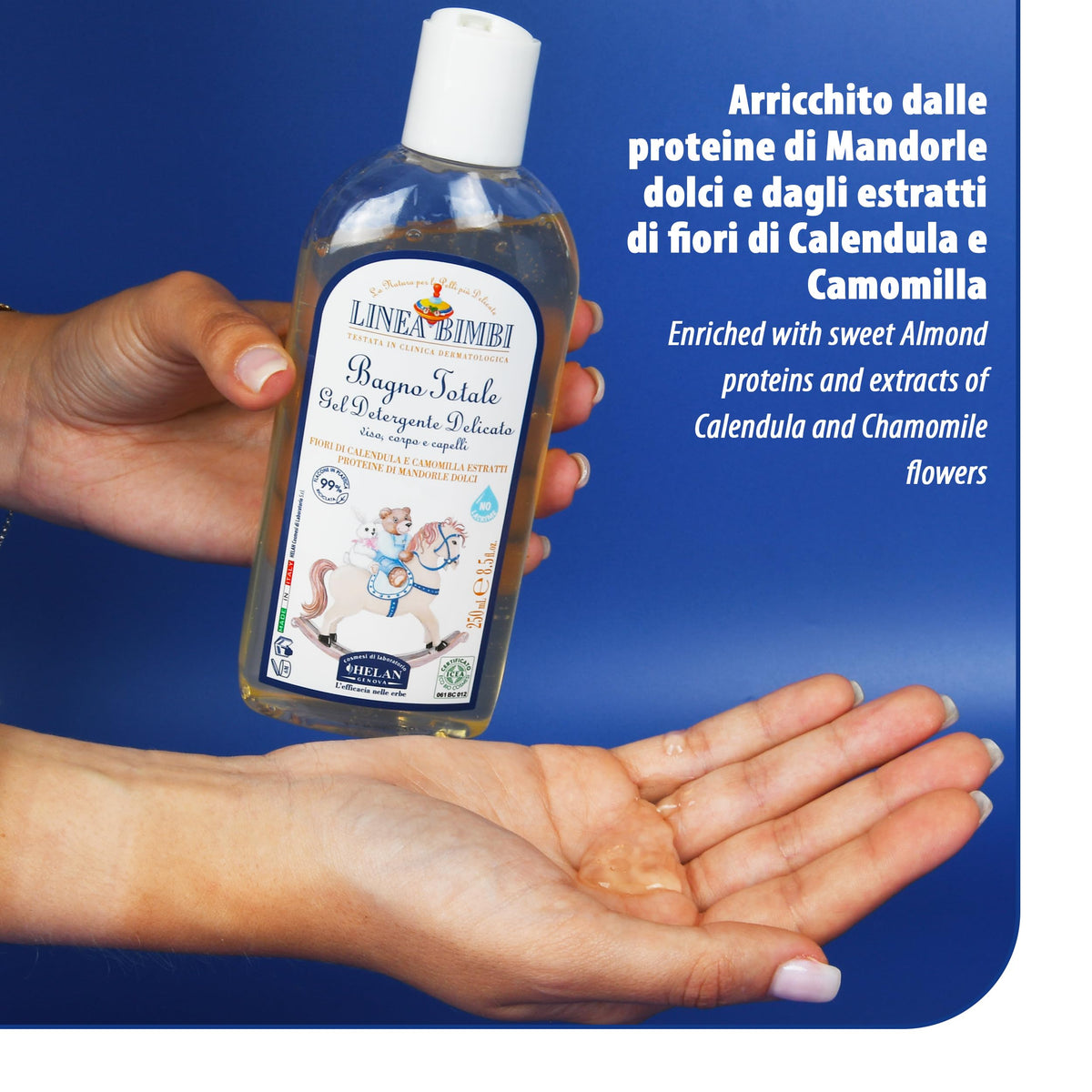 Helan, Linea Bimbi BIO, Baby Shampoo and Body Wash, Baby Wash Gel with Marigold & Chamomile Flower Extracts, Kids Shampoo & Gentle Cleanser with Sweet Almond Protein for Baby Bath, Made in Italy 250ml