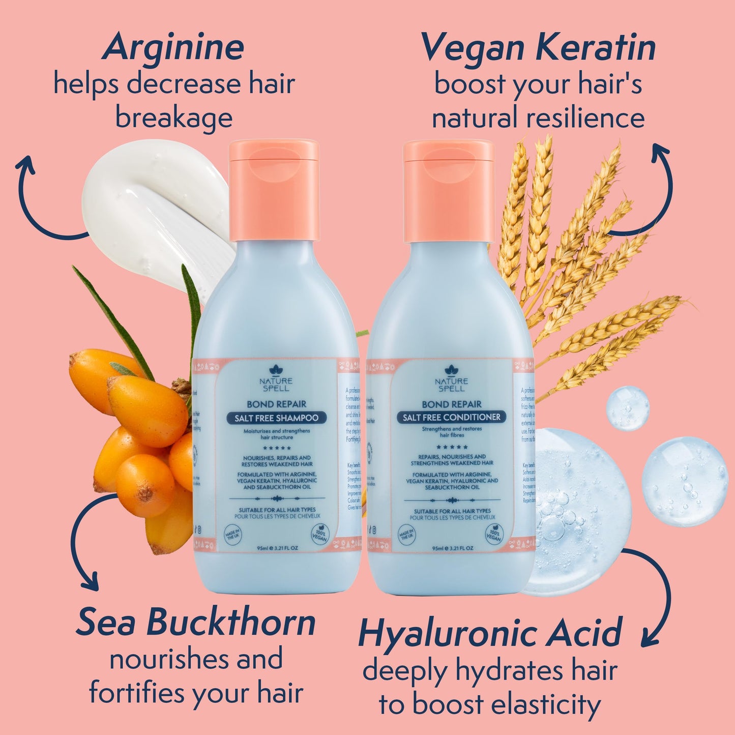 Nature Spell Bond Repair Travel Set, Includes Rosemary Oil, Shampoo & Conditioner, Protecting & Repairing, Vegan, Set of 3