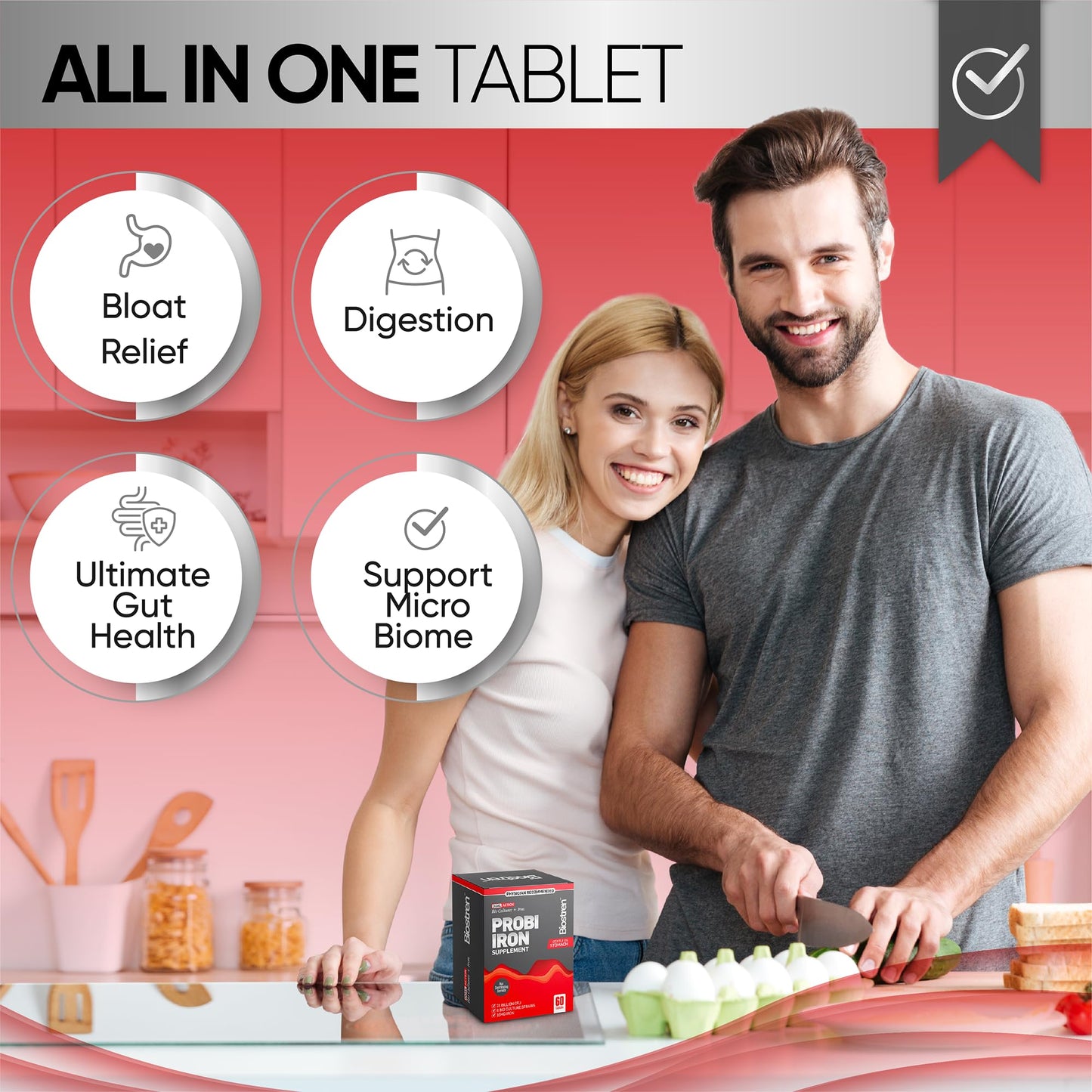 Biostren Probi Iron | 2 in 1 Bio Cultures Complex Plus Iron for Ultimate Gut Health and Hemoglobin Support | Probiotic | Red Blood Cells | Bloat Relief | Digestion | IBS | 60 Capsules