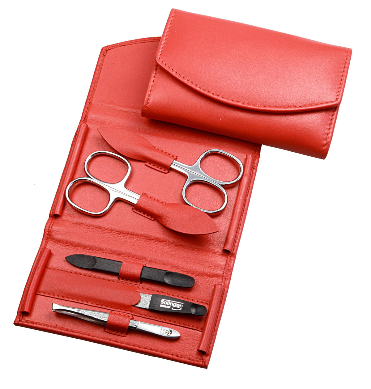 SONNENSCHEIN by Hans Kniebes Manicure Set - 5-Piece Nail Care Set - Genuine Nappa Lambskin Leather Manicure Case - Nail Scissors, Cuticle Scissors, Nail File, Tweezers and Double Instrument (Orange)