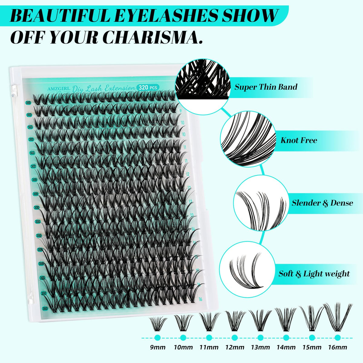 AMZGIRL LASH Lash Extension Kit 320Pcs,DIY Individual Lashes Clusters Kit,Lash Bond And Seal,Lash Remover For Eyelashes Extensions,Lash Applicator Tool For False Eyelash Cluster Kit At Home(30D,D-Mix9-16mm Kit)