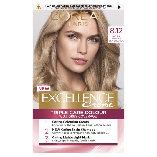 L'Oréal Paris Excellence Crème Permanent Hair Dye, Radiant At-Home Hair Colour with up to 100% Grey Coverage, Pro-Keratin, Up to 8 Weeks of Colour, 8.12 Natural Frosted Beige Blonde