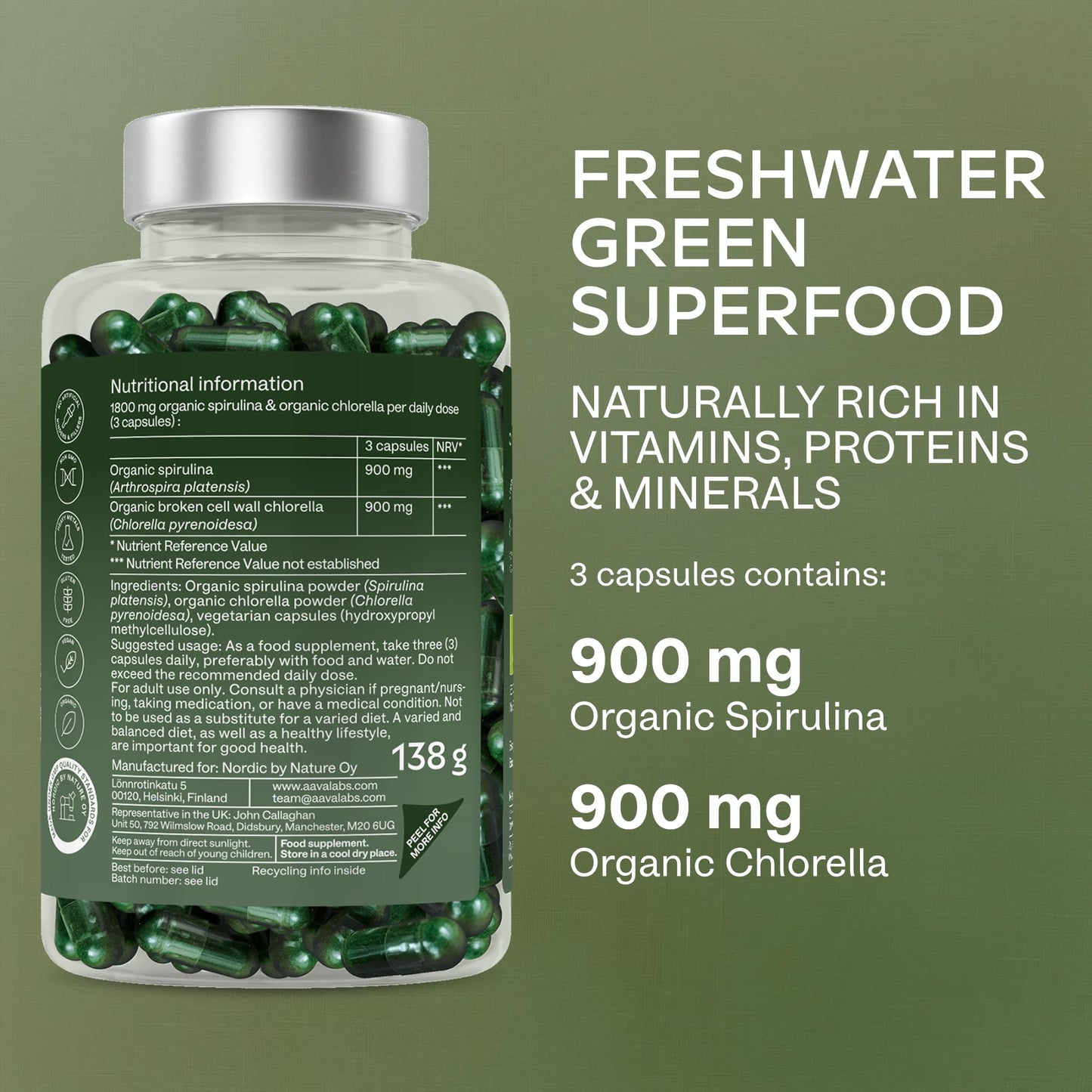 AAVALABS Organic Spirulina and Chlorella Capsules - Spirulina Powder and Chlorella Powder - Broken Cell Wall - 1800mg per Serving - 200 Capsules - Vegan