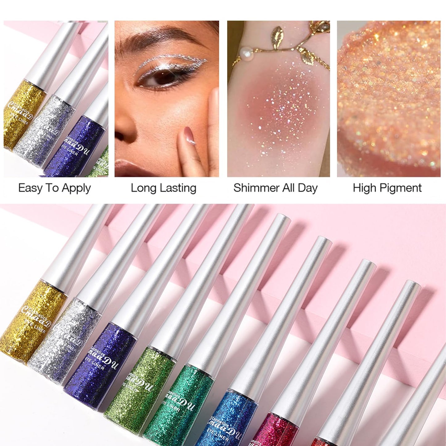 QUIWEN Glitter Eyeliner, Glitter Eye Silver, Liquid Glitter Eyeshadow, Waterproof Sparkle Long-Lasting Smudge-proof Liquid Eye Liners, Quick Dry Shimmer White Silver Beauty Makeup For Women (Silver)