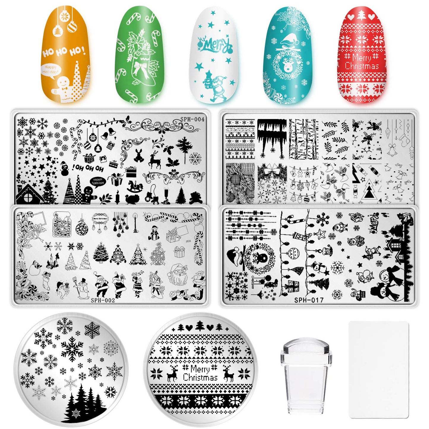Whaline Christmas Nail Art Plates Santa Reindeer Snowflake Image Stamp Templates Stamping Kit - 6 Manicure Stencils Tool Set with 1 Polish Stamper and 1 Scraper by Salon Designs