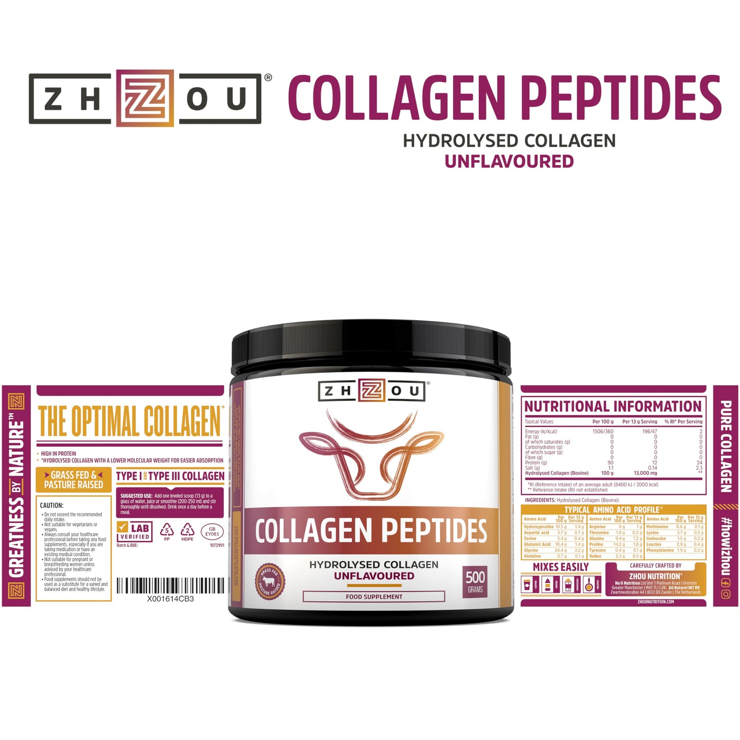 Nu U Nutrition Collagen Powder 500g - Hydrolysed Collagen Peptides Powder - High Protein Bovine Collagen Supplement - Grass Fed, Halal Certified - Rich in Amino Acids - for Hair, Nails & Skin - Zhou Nutrition
