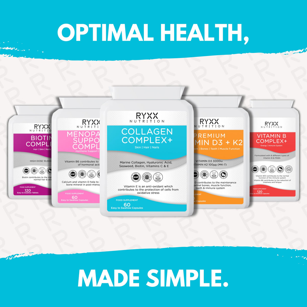 Ryxx Collagen Complex+ | Marine Collagen Supplement with Hyaluronic Acid, Biotin, Vitamin C & E | Skin, Hair & Joint Support | 60 Capsules | Made in the UK by RYXX