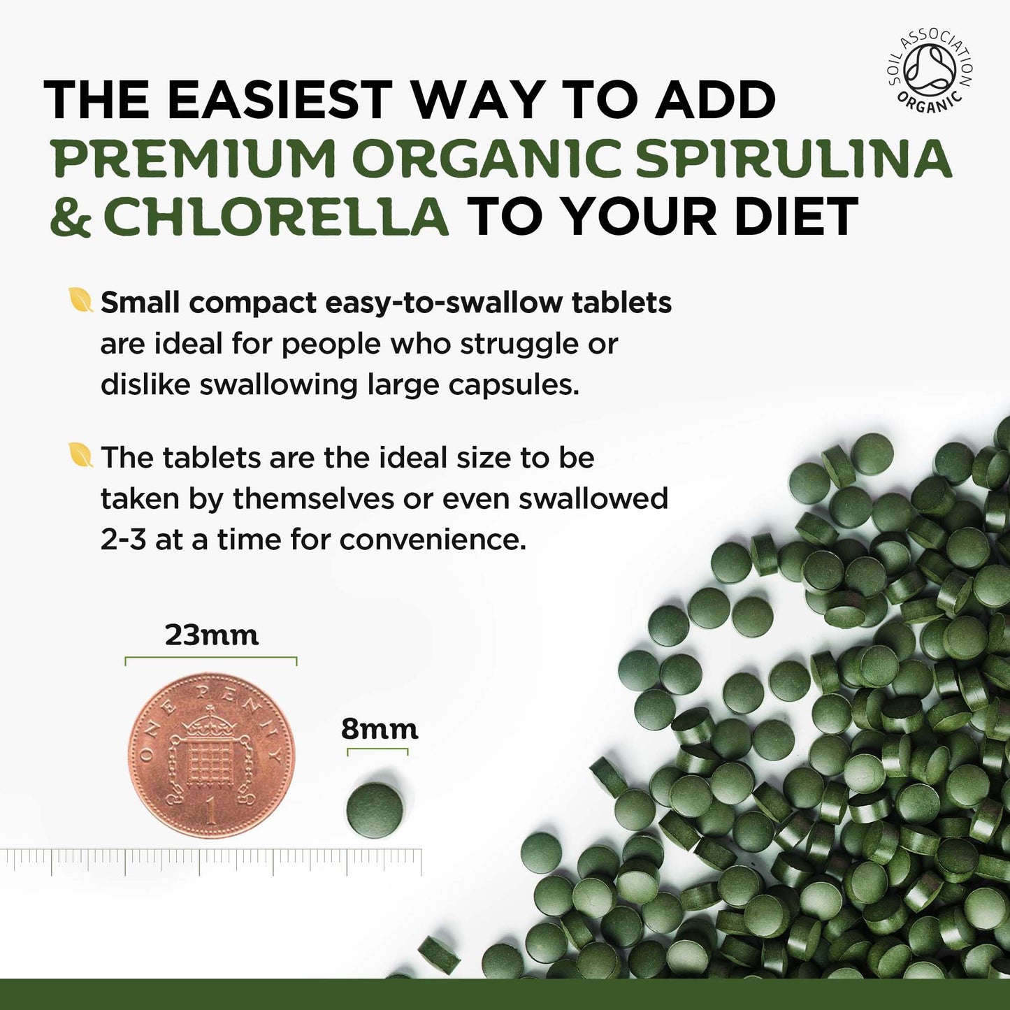 Organic Spirulina & Chlorella 400 Easy to Swallow Tablets - Natural Vitamins & Minerals - Broken Cell Wall, Pure 2000mg Daily Dose Supplement by Inner Vitality
