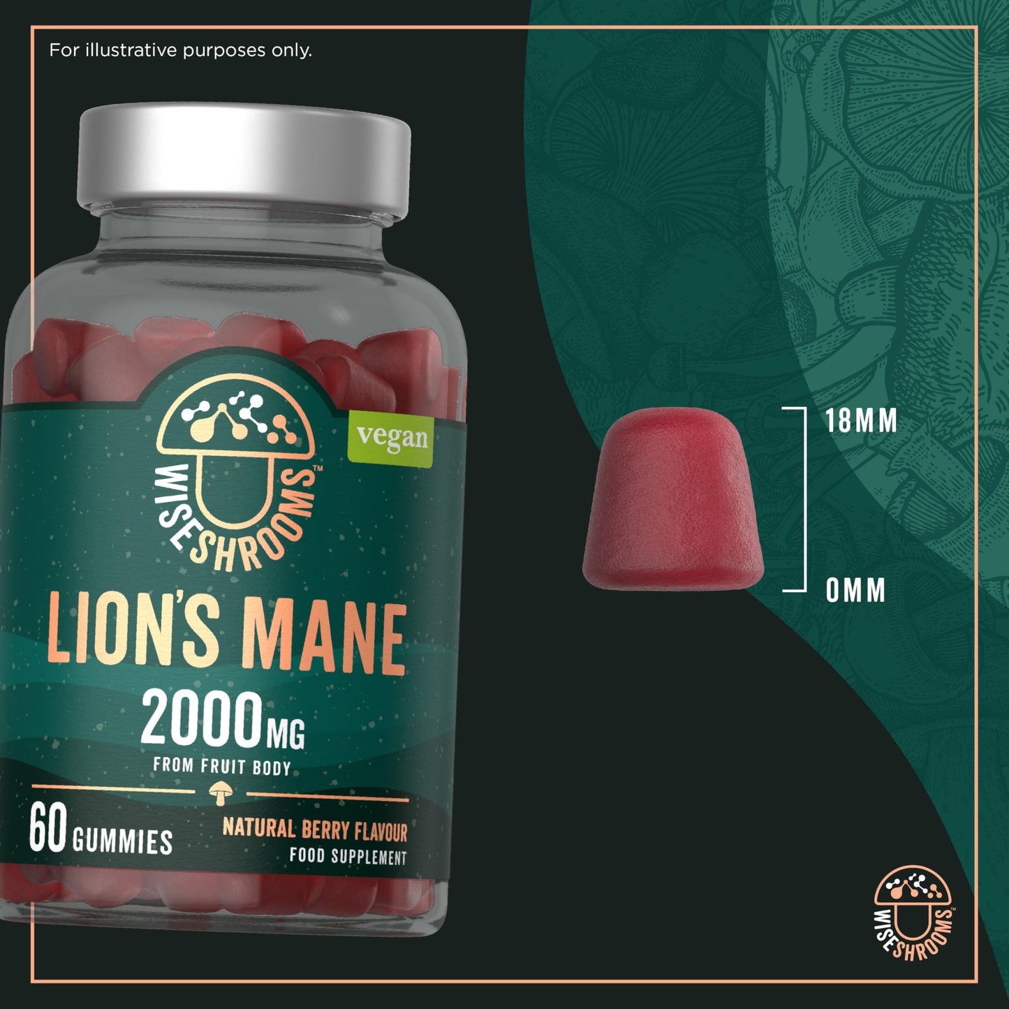 Lions Mane Gummies High Strength 2000mg | from Fruit Body | Vegan Mushroom Extract | 60 Natural Berry Flavour Gummies | by Wiseshrooms