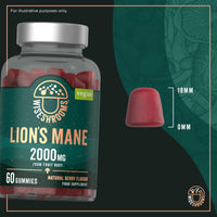 Lions Mane Gummies High Strength 2000mg | from Fruit Body | Vegan Mushroom Extract | 60 Natural Berry Flavour Gummies | by Wiseshrooms