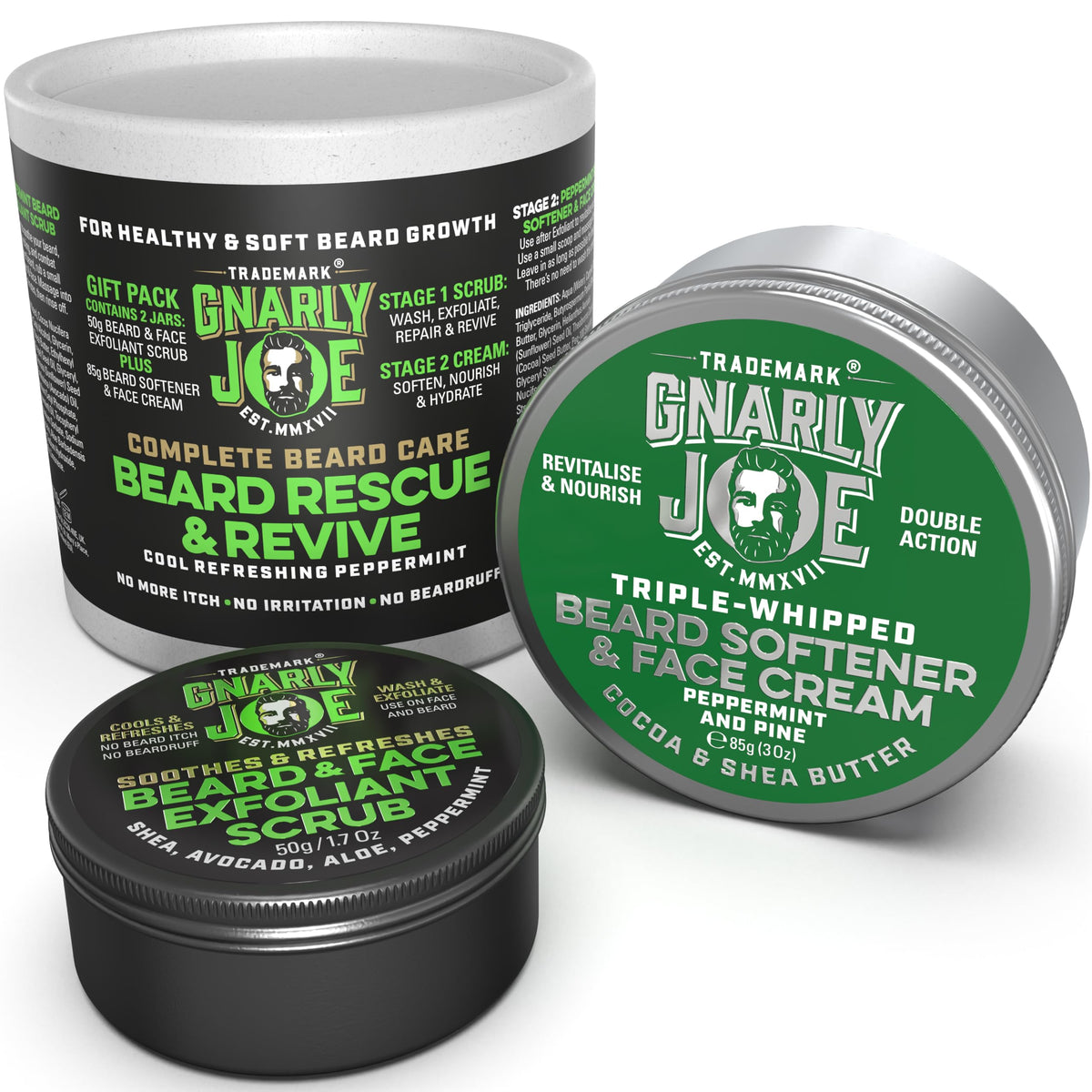 TRADEMARK GNARLY JOE EST.MMXVII Gnarly Joe Beard Rescue & Revive Gift Pack - Beard Softener 85ml & Exfoliant 50g Set for Men - Beard Cream & Face Scrub with Cocoa Butter, Peppermint & Coconut - Beard Conditioner - Made in UK