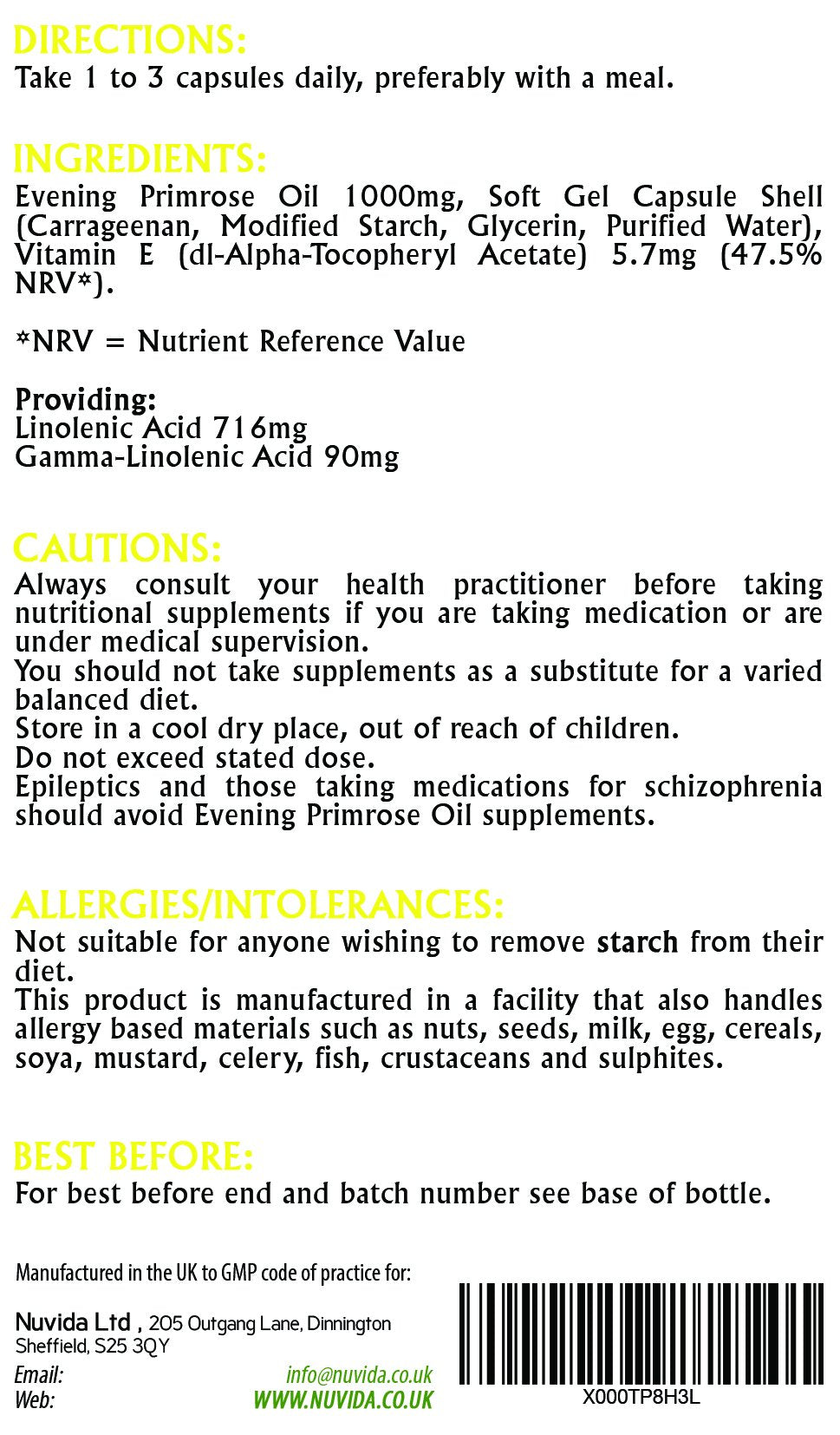 NUVIDA NATURAL HEALTH Evening Primrose Oil Capsules 1000mg / 90 Evening Primrose Capsules/Premium GLA Supplement/Vegan and Vegetarian Friendly
