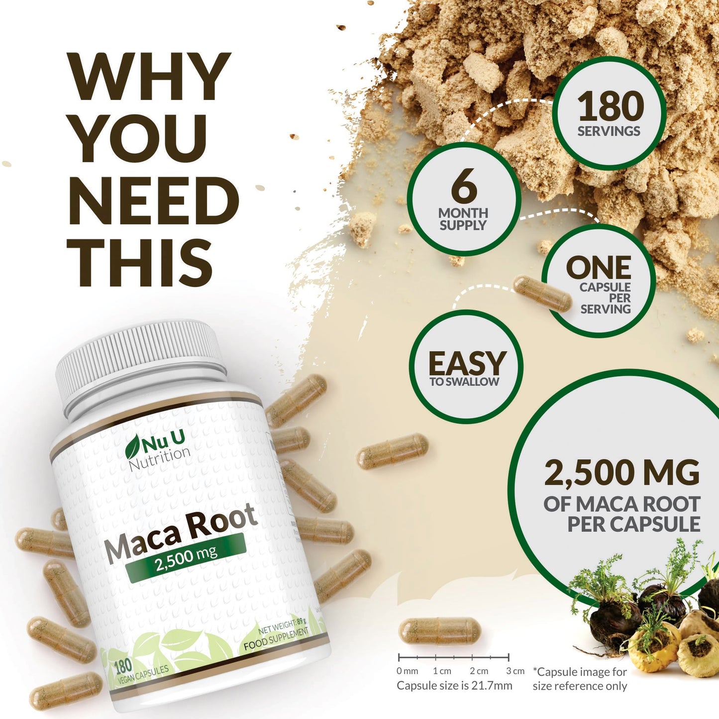 Nu U Nutrition - Maca Root Capsules 2500mg - 250mg of Maca Root per Capsule - 180 Vegan Capsules - 6 Month Supply - Maca Root Extract Supplement for Men & Women - Made in The UK