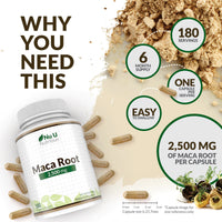 Nu U Nutrition - Maca Root Capsules 2500mg - 250mg of Maca Root per Capsule - 180 Vegan Capsules - 6 Month Supply - Maca Root Extract Supplement for Men & Women - Made in The UK