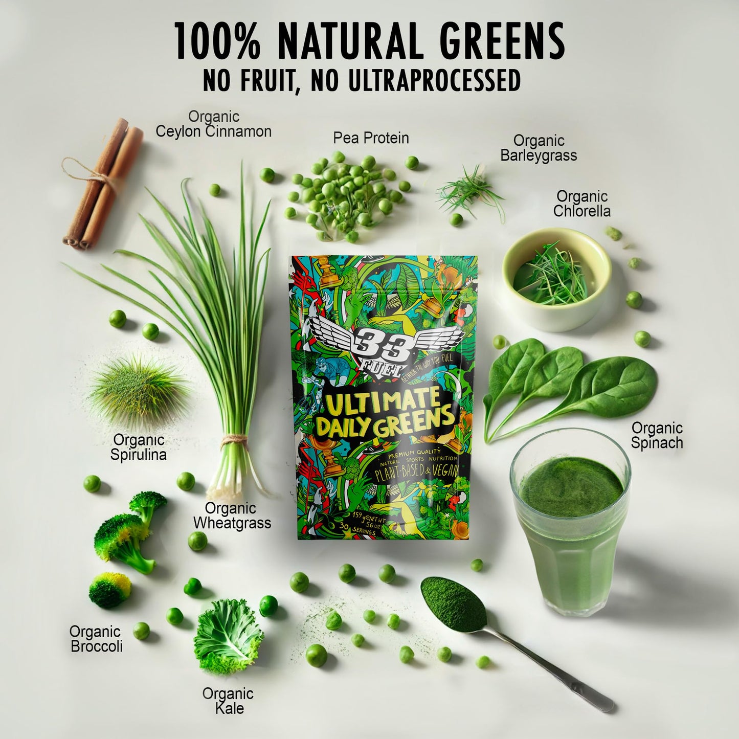 33Fuel Daily Greens Powder - UPF-Free Premium Superfood & Fibre Blend for Gut Health with only Natural Ingredients, Daily Greens Super Blend, Vegan, Handmade in The UK – Original