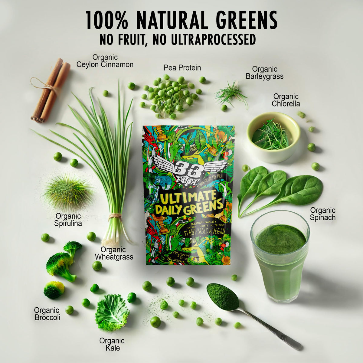33Fuel Daily Greens Powder - UPF-Free Premium Superfood & Fibre Blend for Gut Health with only Natural Ingredients, Daily Greens Super Blend, Vegan, Handmade in The UK – Raspberry