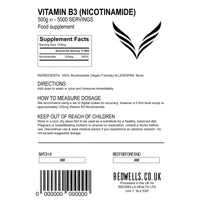 Vitamin B3 Powder Nicotinamide REDWELLS Non Flush Powder GMO Free - 500g Pack