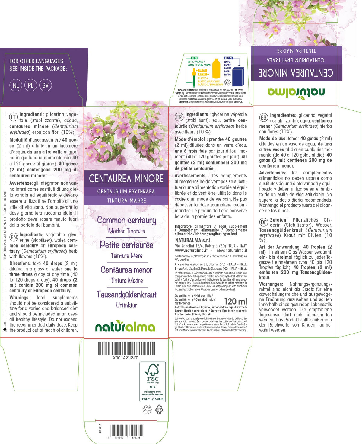 Common Centaury or European Centaury (Centaurium erythraea) herb with Flowers Alcohol-Free Mother Tincture Naturalma | Liquid Extract Drops 120 ml | Food Supplement | Vegan