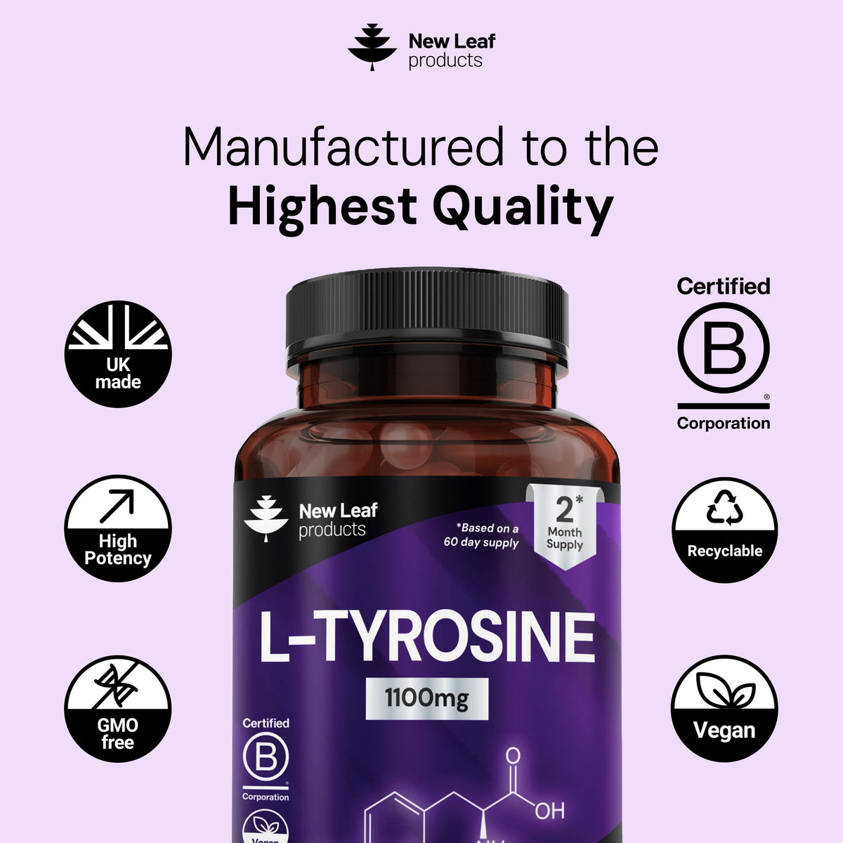 NEW LEAF PRODUCTS L-Tyrosine Supplement 1100mg - Free Form Amino Acid - 120 Vegan Capsules - Fermented High Strength L Tyrosine Supplement - No Artificial Preservatives