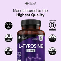 NEW LEAF PRODUCTS L-Tyrosine Supplement 1100mg - Free Form Amino Acid - 120 Vegan Capsules - Fermented High Strength L Tyrosine Supplement - No Artificial Preservatives
