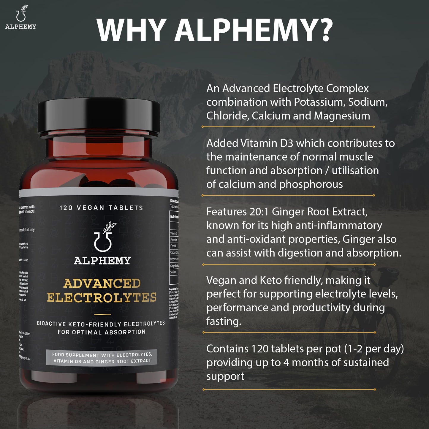 Advanced Electrolyte Complex, x120 Tablets Enhanced with Ginger Root Extract, Vitamin D3 & Magnesium. High Performance Salts for Fasting, Keto & Vegan Friendly, UK Made Alphemy
