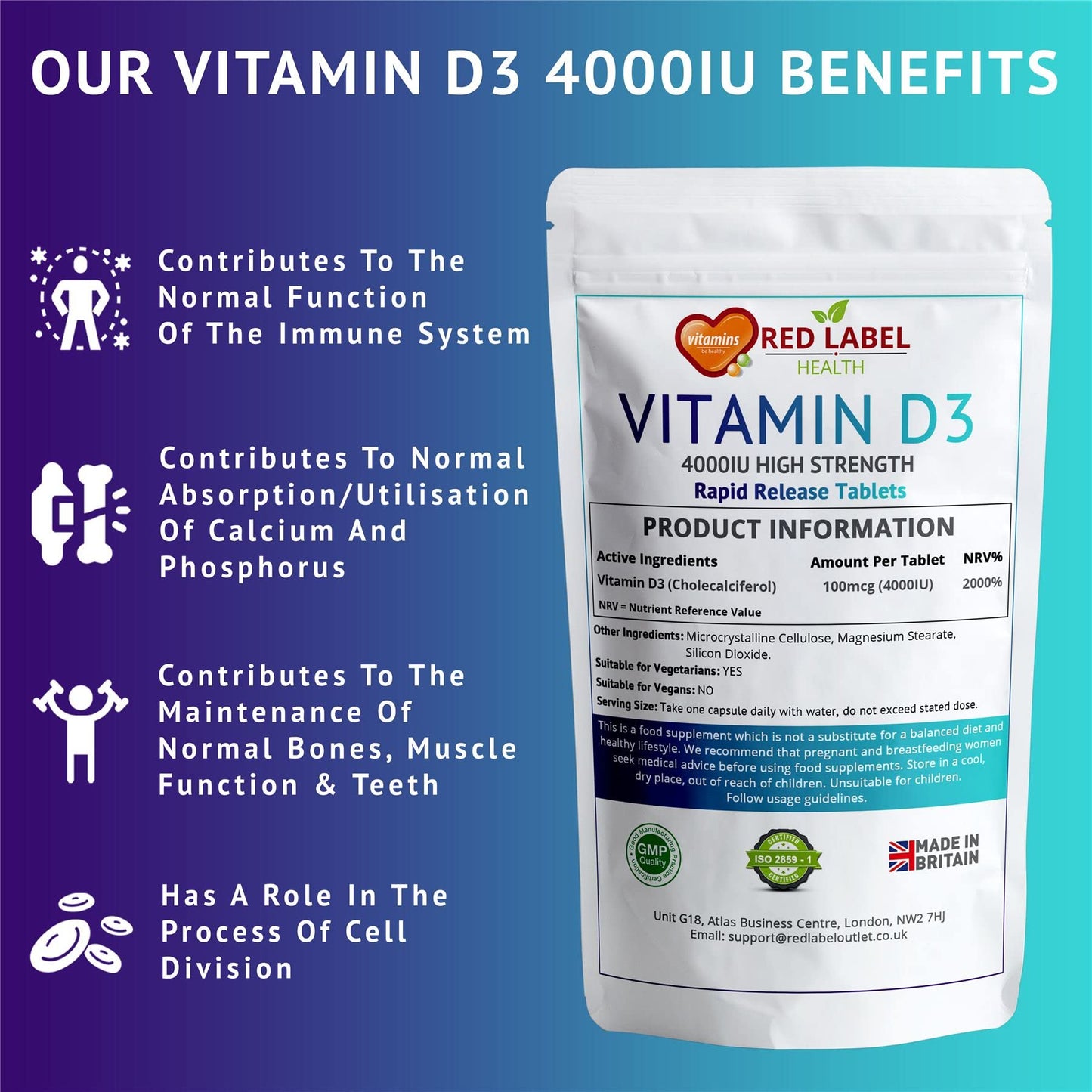 Red Label Health Vitamin D3 Tablets 4000IU, 360 Vitamin D Supplement Tablets (1 Year Supply) High Strength Healthy Teeth & Bones, Supports The Immune System for Men & Women Vegetarian Made in The UK