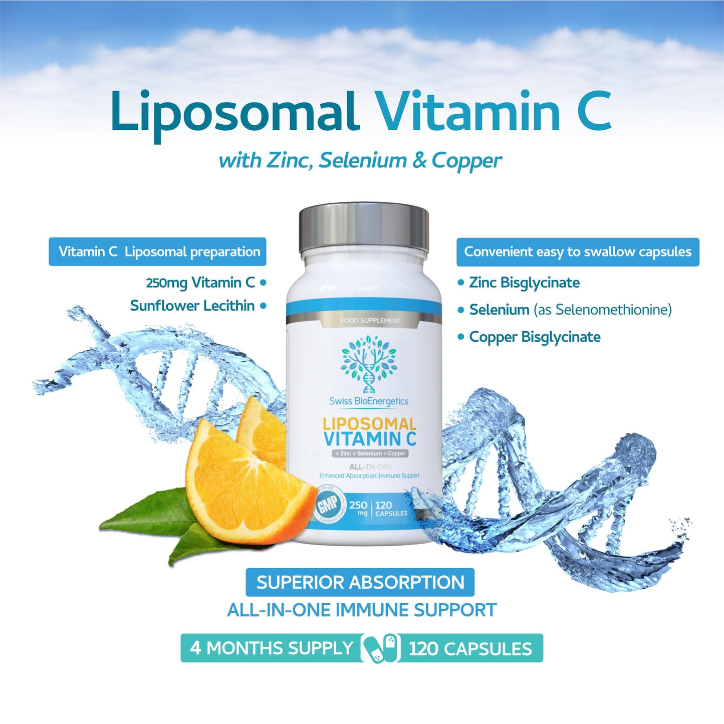 swiss bioenergetics Liposomal Vitamin C Complex with Zinc, Selenium and Copper : All-in-ONE Enhanced Absorption Immune Support : 250mg, 120 Vegan Capsules (4 Month Supply) : Non-GMO, Made in UK
