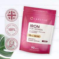 Iron Tablets 18mg | High Strength for Women | with Vitamin B12, Vitamin C and Folic Acid | 100% NRV Iron Complex | 90 Vegan Tablets | by Carlyle