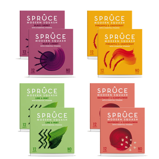Spruce Natural Water Flavouring With Vitamins – Mega Mixed Pack Taster Bundle – 4 Flavours, 96 Drinks – No Sugar – Made With Real Fruits – Healthy Modern Squash Cordial – Perfect For Hydration