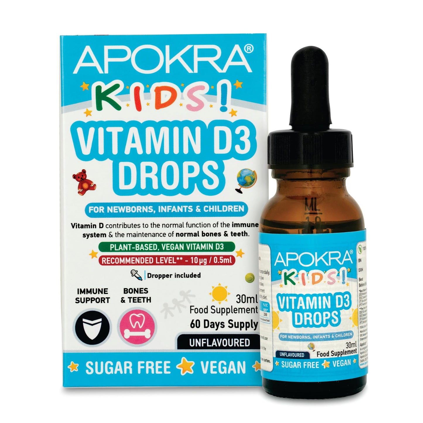 Vitamin D Drops Baby & Kids - Vegan - 60 Days Supply – 30mL – Preservative Free and Sugar Free Kids Vitamins - VIT D 400IU in MCT Oil - 10 micrograms per 0.5mL | APOKRA Kids