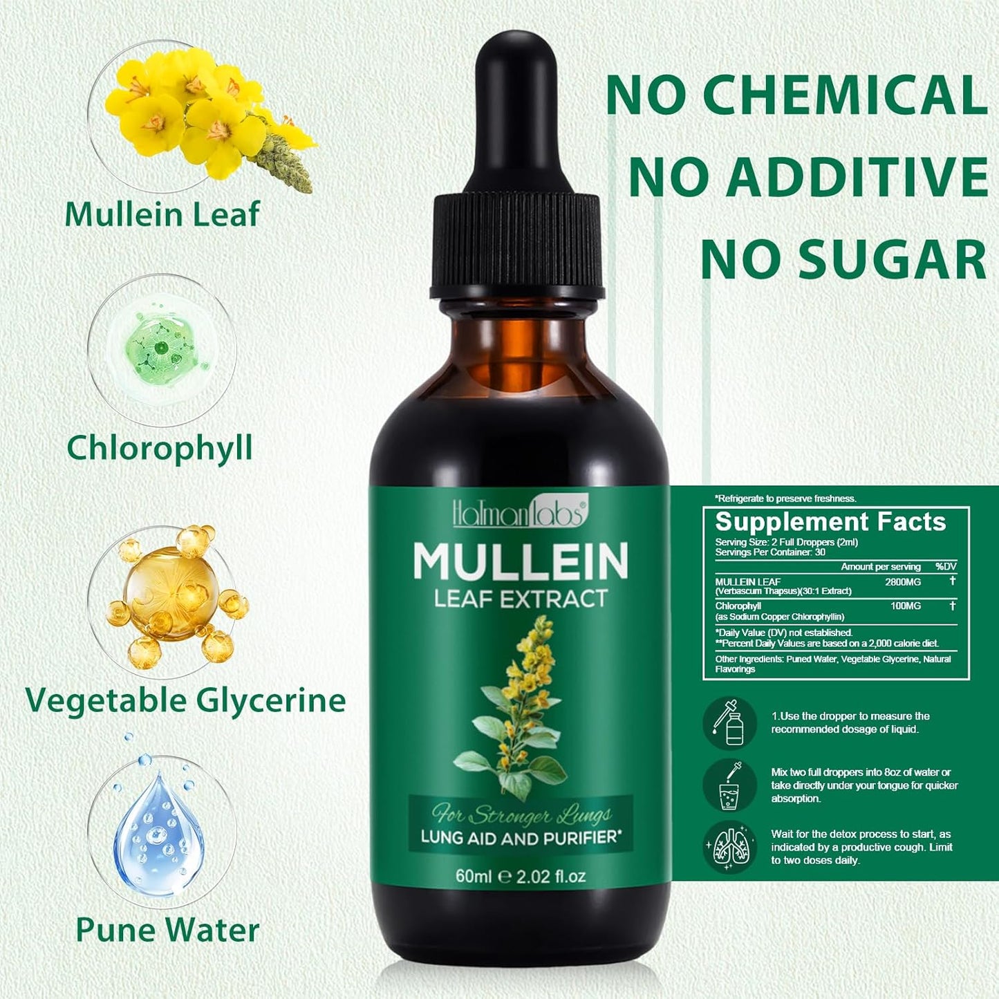 Mullein Drops for Lungs -  Mullein Leaf Extract with Chlorophyll for Lung and Respiratory Support, Mullein Herbal Supplements, 2.02 fl oz (60ml)