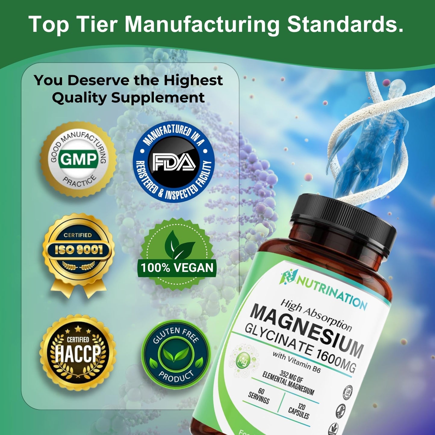 Magnesium Glycinate Supplement 1600mg with Vitamin B6, 352mg of Elemental Magnesium, 94% Daily NRV, 120 High-Strength Capsules 2 Months Supply, Supports Muscle & Nerve Health, Vegan, Lab Tested