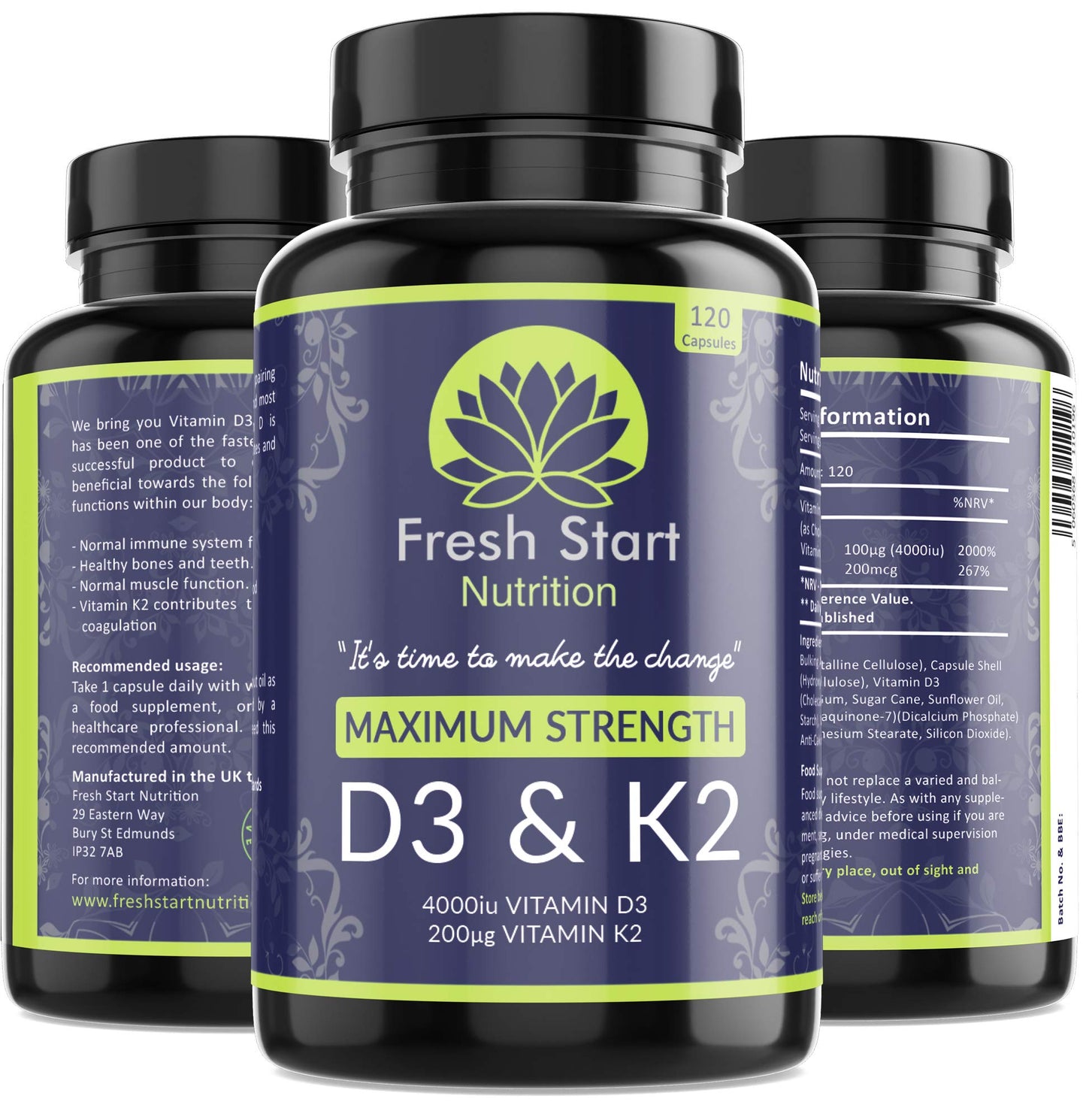 Vitamin D3 4000 IU and Vitamin K2 200µg MK7 - Vitamin D3 K2 High Strength Supplement - 120 Capsules 4 Month Supply Cholecalciferol - K2 Menaquinone-7 - Made in The UK