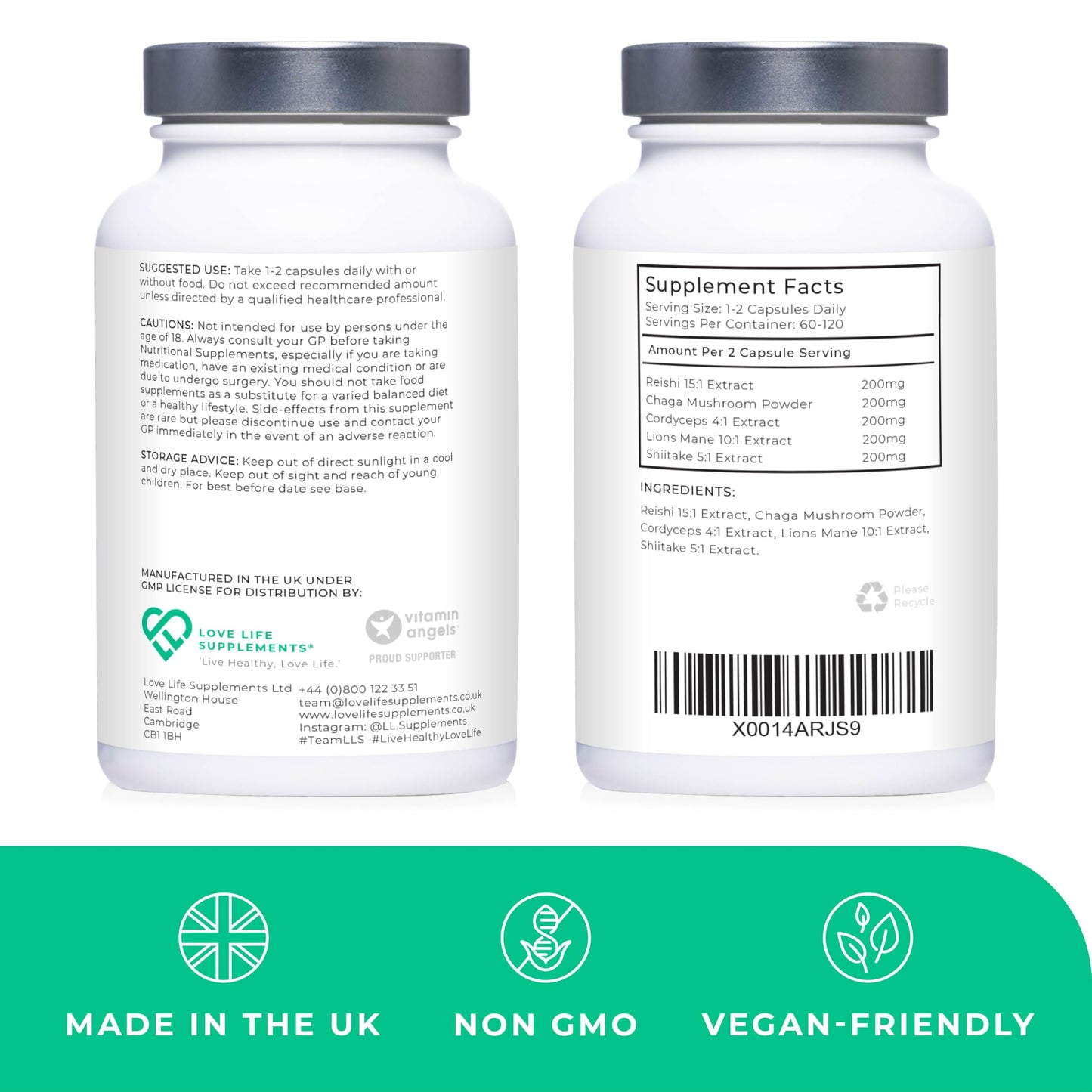 LOVE LIFE SUPPLEMENTS Mushroom Complex by LLS | Contains 1000mg Reishi, Chaga, Cordyceps, Lions Mane and Shiitake Mushrooms | 120 Capsules - 2 Month Supply | No Fillers | Vegan | Love Life Supplements