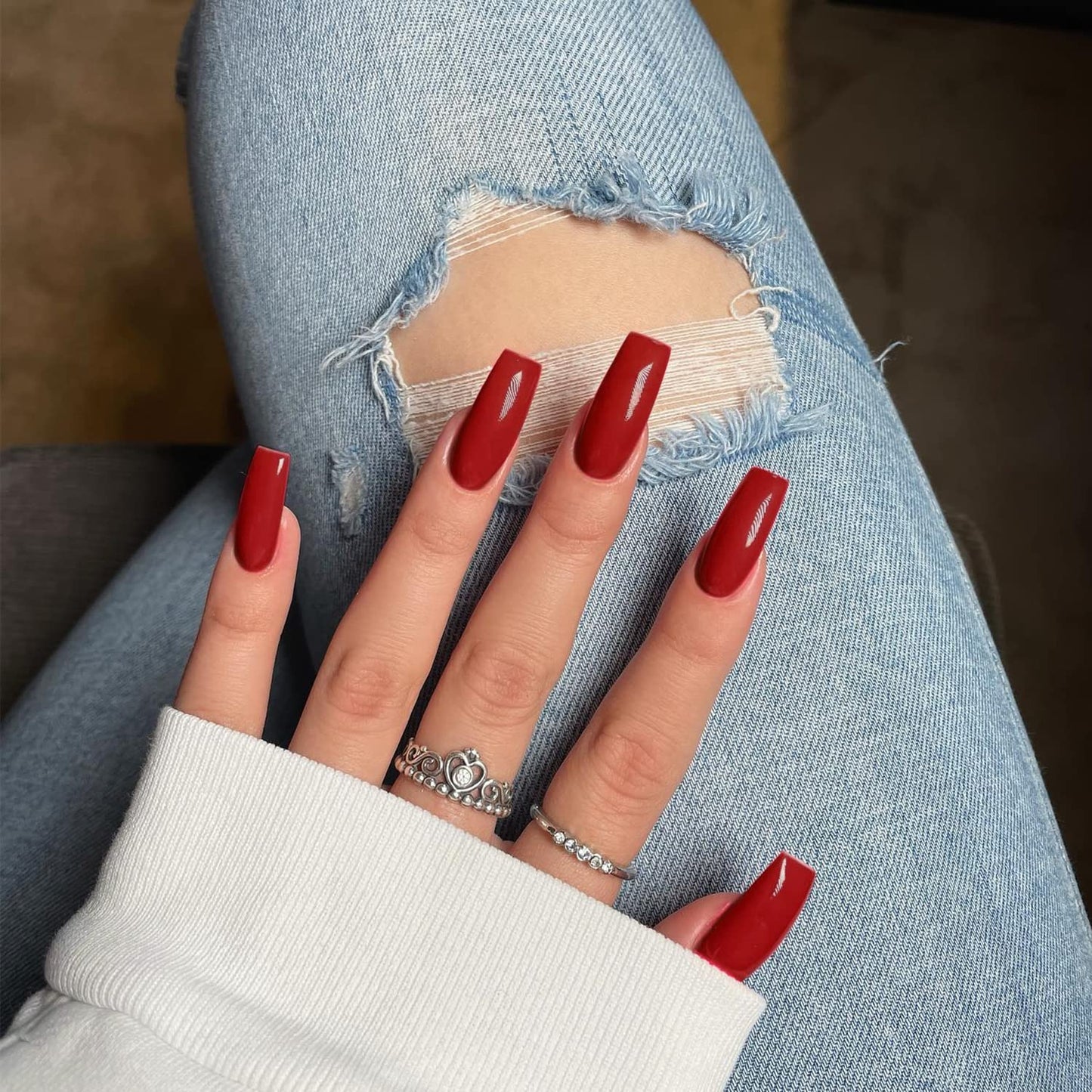SXVME Red False Nails Long Square, Acrylic Press on Nails Long Medium Coffin, Glossy Gel Fake Nails Press on, Solid Color Square Tip Nails Stick on Nails For Women Daily Wear, 24 Pcs