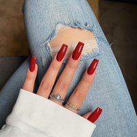SXVME Red False Nails Long Square, Acrylic Press on Nails Long Medium Coffin, Glossy Gel Fake Nails Press on, Solid Color Square Tip Nails Stick on Nails For Women Daily Wear, 24 Pcs