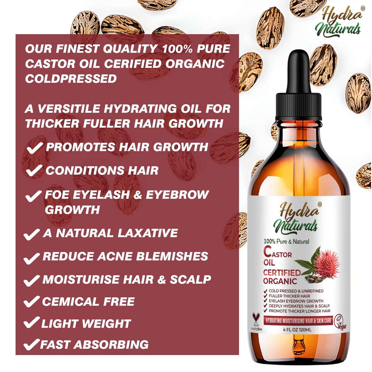 Hydra Naturals 100% Pure - Cold Pressed, Premium Quality, Organic Castor Oil 50ml - Promotes Hair, Eyebrow and Eyelash Growth - Diminishes Wrinkles and Signs of Aging - Hydrates and Nourishes Skin