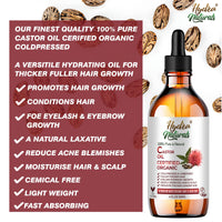 Hydra Naturals 100% Pure - Cold Pressed, Premium Quality, Organic Castor Oil 50ml - Promotes Hair, Eyebrow and Eyelash Growth - Diminishes Wrinkles and Signs of Aging - Hydrates and Nourishes Skin