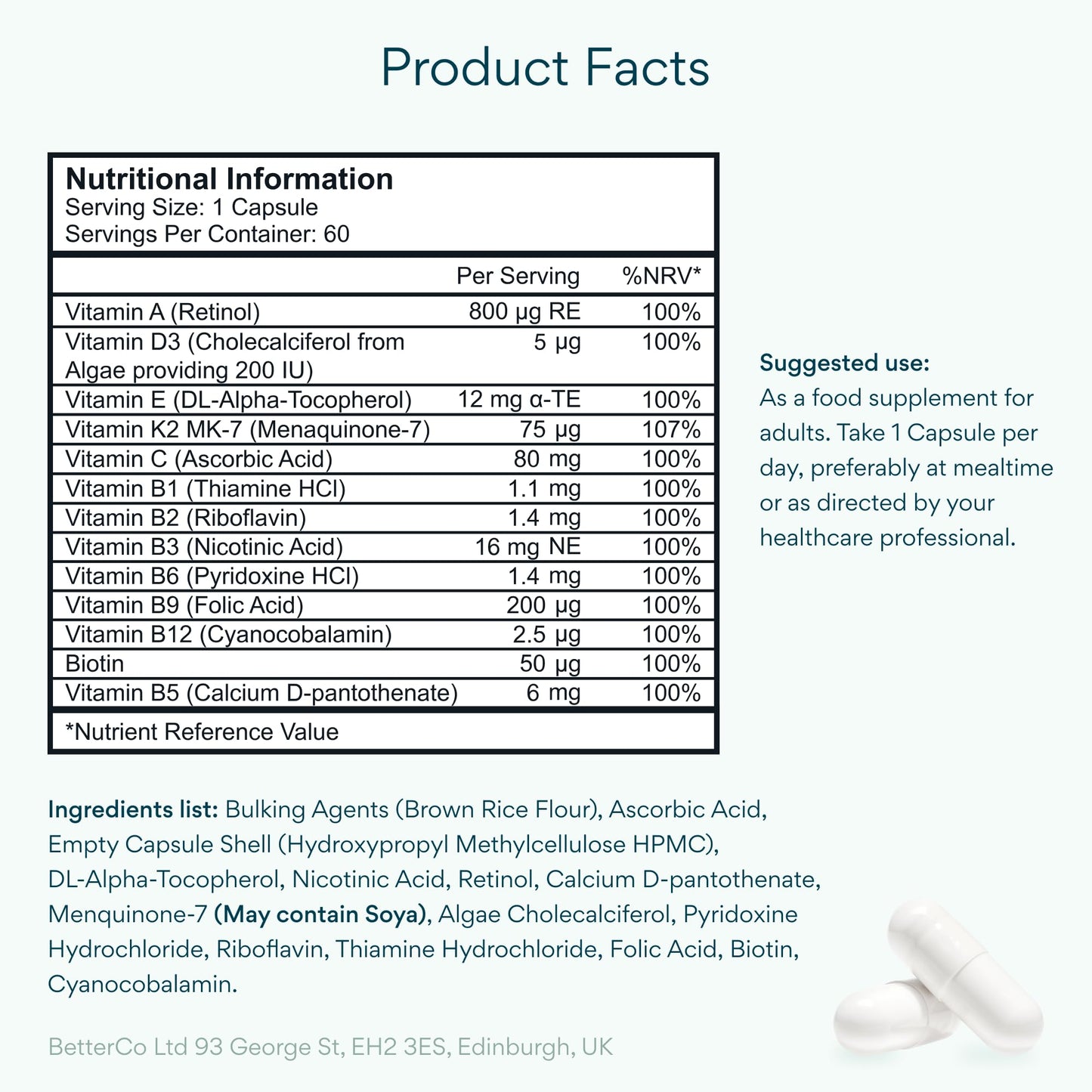 Bettervits Multivitamin, 14 Nutrients with Vitamin D, K2 & Biotin, 60 Caps