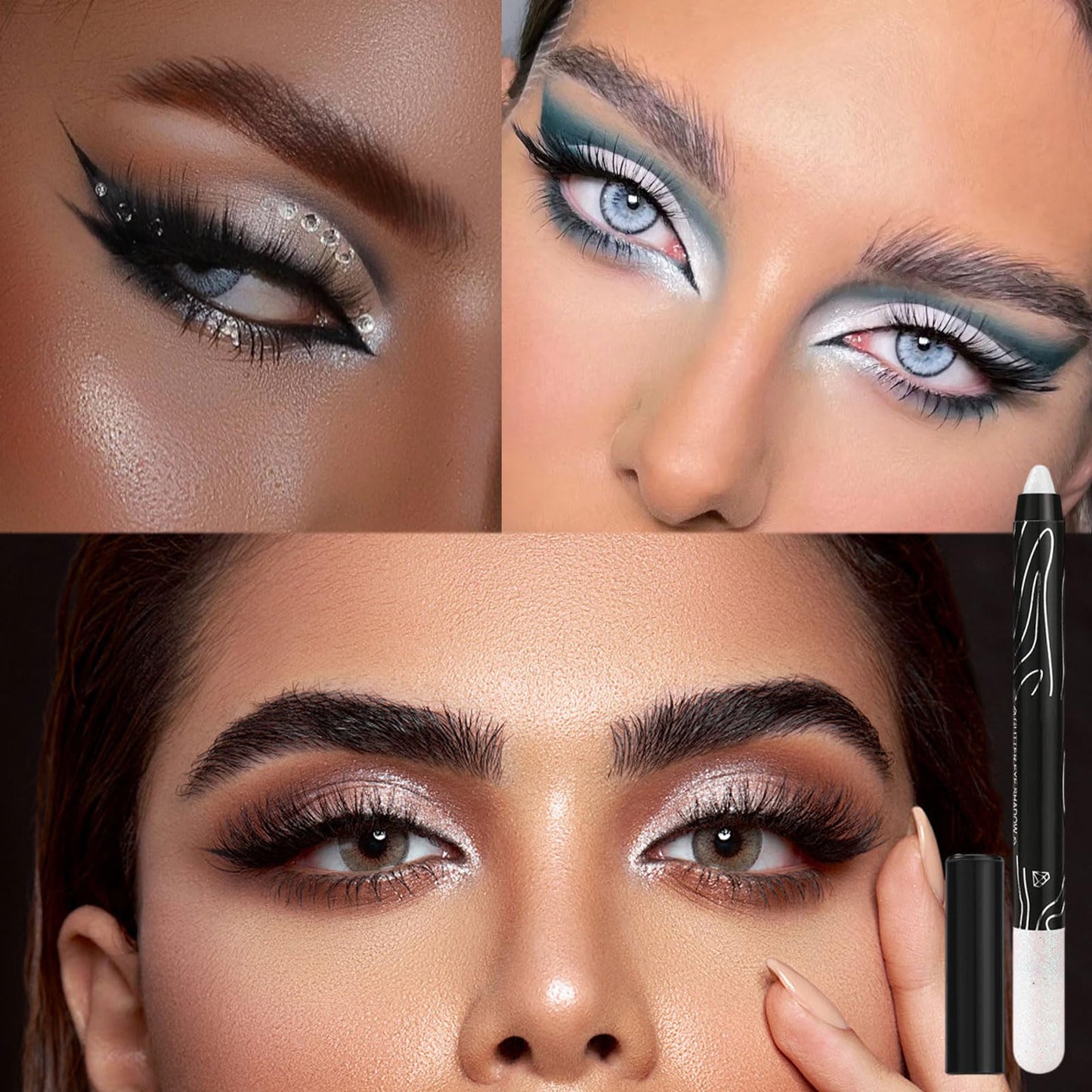 LYNTYAOU White Shimmer Eyeshadow Stick, Pearl White Glitter Eye Shadow Pencil Cream Eyeshadows Pen, Pearlescent Highlight Brightener, High Pigmented Smooth for Eye Makeup