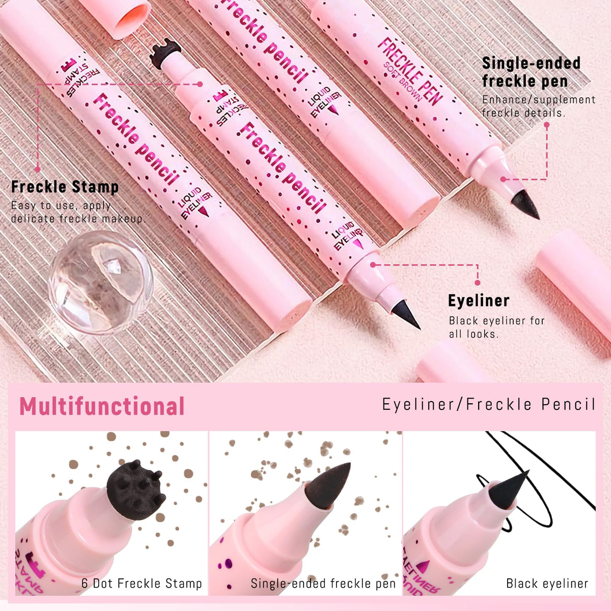Noerrors 2PCS Freckle Stamp Pen for Natural Lifelike Faux Freckle, 2 in 1 Freckle Stamp Eyeliner and Soft Dot Spot Pen, Waterproof Long Lasting Fake Freckles Marker for Sunkissed Makeup #Light Brown