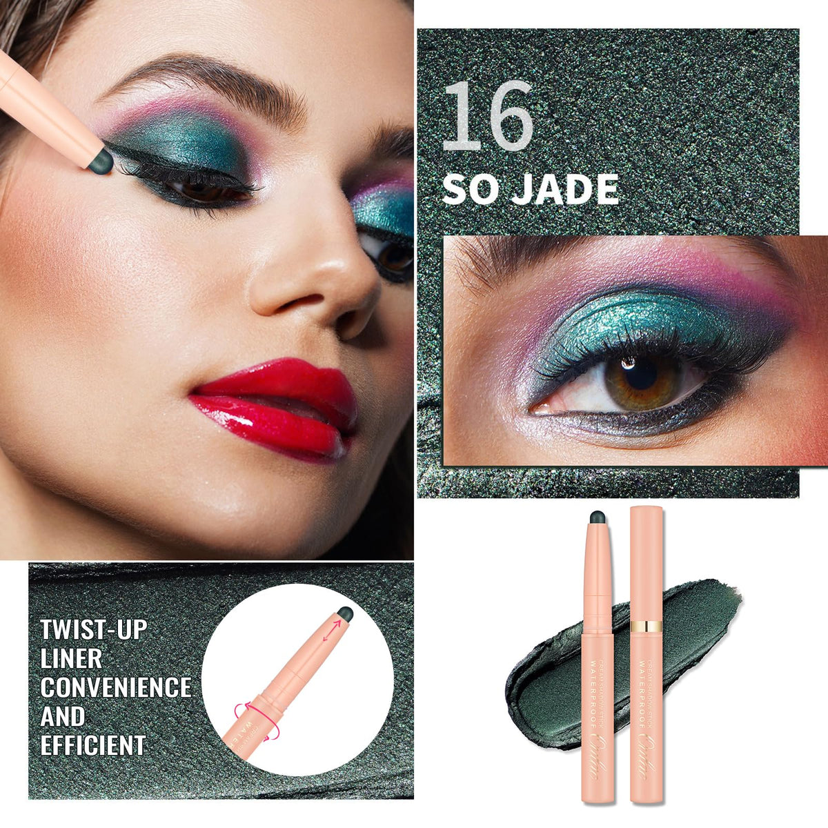 Oulac Dark Green Eyeshadow Stick – Twist-Up Creamy Crayon, Waterproof Long Lasting Eye Makeup, Vegan & Cruelty-Free Eye Makeup, 1.25g, 16 So Jade