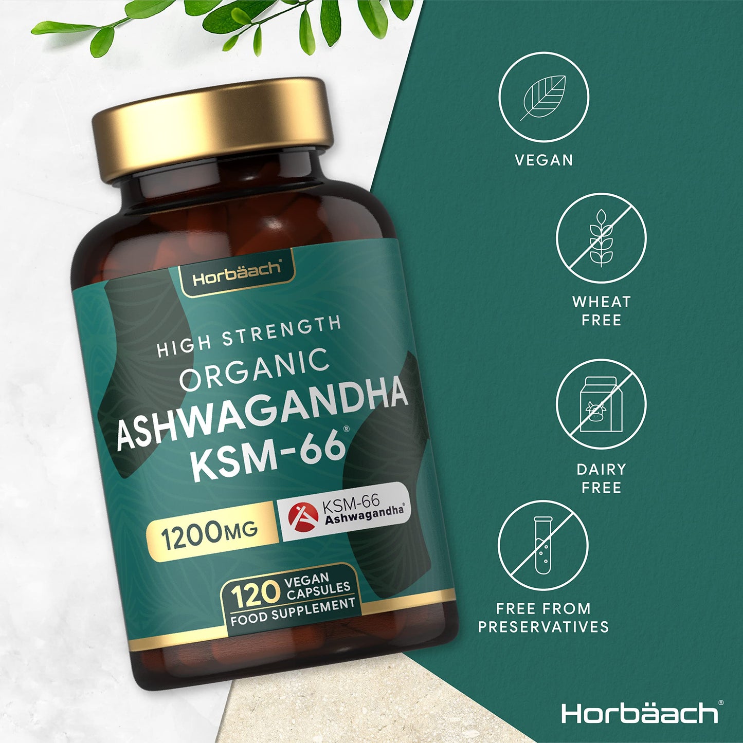 Organic Ashwagandha KSM-66 1200mg | 120 Count | Vegan Powder Capsule Supplement | by Horbaach